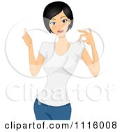 Poster, Art Print Of Happy Blond Woman Holding A Thumb Up And Touching Her Shirt