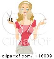 Happy Blond Fashion Designer Holding Scissors And Measuring Tape
