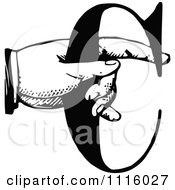 Clipart Retro Vintage Black And White Hand Holding The Letter C Royalty Free Vector Illustration