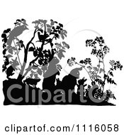 Clipart Retro Vintage Black And White Silhouetted Rabbit Family And Birds In Shrubs Royalty Free Vector Illustration