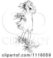 Poster, Art Print Of Retro Vintage Black And White Girl Picking Flowers In The Wind