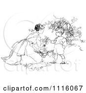 Retro Vintage Black And White Mother And Son Picking Flowers