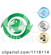 Clipart Recycle Arrows Around Green Blue Grayscale And Gold Globes Royalty Free Vector Illustration