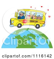 Happy School Bus Driver And Children Over A Globe With Hearts