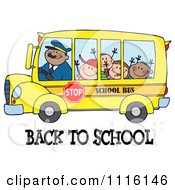 Clipart Happy Bus Driver And Children Over Back To School Text Royalty Free Vector Illustration by Hit Toon