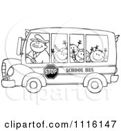 Outlined Happy School Bus Driver And Children