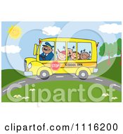 Poster, Art Print Of Happy School Bus Driver And Children On A Country Road