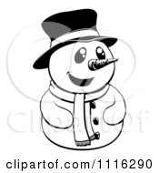 Clipart Happy Black And White Christmas Snowman With A Top Hat And Scarf Royalty Free Vector Illustration