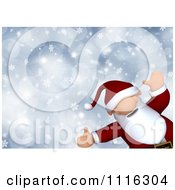 Clipart 3d Santa Waving Over Blue Snowflakes Royalty Free CGI Illustration