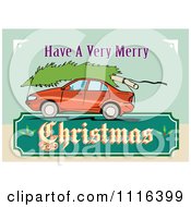 Poster, Art Print Of Red Car With A Tree On The Roof And A Retro Christmas Sign