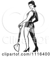 Clipart Retro Woodcut Pinup Woman Standing With A Shovel Royalty Free Vector Illustration