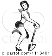 Clipart Retro Woodcut Pinup Woman Kicking A Leg Back And Posing With A Shovel Royalty Free Vector Illustration