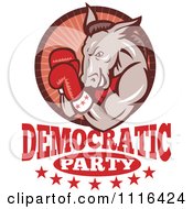 Clipart Retro Donkey Boxer In A Red Ray Circle With Democratic Party Text Royalty Free Vector Illustration