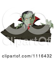 Poster, Art Print Of Halloween Vampire With Bloody Fangs Over A Wooden Arrow Sign