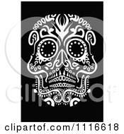 Clipart White Ornate Day Of The Dead Human Skull On Black Royalty Free Vector Illustration