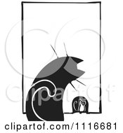 Poster, Art Print Of House Cat Watching A Mouse At A Hole Black And White Woodcut