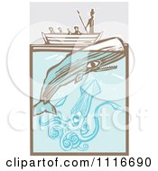 Poster, Art Print Of Moby Dick In A Boat By The Whale And Giant Squid Woodcut