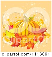 Halloween Thanksgiving Pumpkin With Autumn Leaves On Grunge
