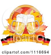 Oktoberfest Beer Mugs And Autumn Leaves With Wheat Over A German Banner