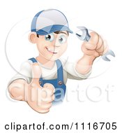 Poster, Art Print Of Happy Mechanic Plumber Or Handy Man Workerholding A Thumb Up And A Wrench