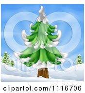 Poster, Art Print Of Christmas Scene Of A Flocked Evergreen Tree In A Hilly Snow Landscape