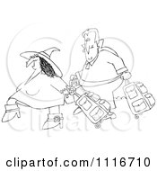 Clipart Of An Outlined Traveling Halloween Witch And Vampire With Luggage Royalty Free Vector Illustration