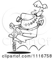 Cartoon Of An Outlined Halloween Frankenstein On A Pogo Stick Royalty Free Vector Clipart
