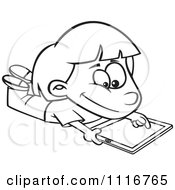 Cartoon Of An Outlined Girl Using An IPad Tablet Computer Royalty Free Vector Clipart by toonaday