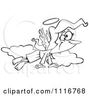 Cartoon Of An Outlined Angel Woman Flying In The Clouds Royalty Free Vector Clipart
