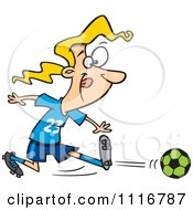 Cartoon Of A Girl Kicking A Soccer Ball Royalty Free Vector Clipart by toonaday