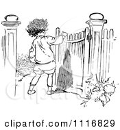 Clipart Of A Retro Vintage Black And White Boy Opening A Gate Royalty Free Vector Illustration