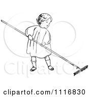 Clipart Of A Retro Vintage Black And White Boy Raking Royalty Free Vector Illustration
