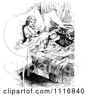 Clipart Of A Retro Vintage Black And White Boy Playing With Toys In Bed Royalty Free Vector Illustration by Prawny Vintage