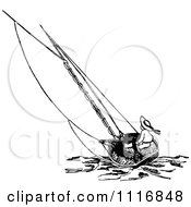 Clipart Of A Retro Vintage Black And White Boy Sailing A Boat Royalty Free Vector Illustration