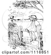 Poster, Art Print Of Retro Vintage Black And White Girl Sitting On A Country Fence On A Windy Day