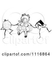 Clipart Of A Retro Vintage Black And White Girl Dancing With Toys Royalty Free Vector Illustration