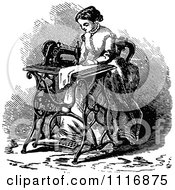 Clipart Of A Retro Vintage Black And White Woman Using A Sewing Machine Royalty Free Vector Illustration