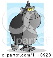 Clipart Of A Standing Black Gorilla Over A Blue Rectangle Royalty Free Vector Illustration by Hit Toon