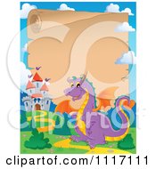 Poster, Art Print Of Fairy Tale Purple Dragon And Parchment Castle Frame
