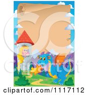 Poster, Art Print Of Fairy Tale Princess Blue Dragon And Parchment Castle Frame