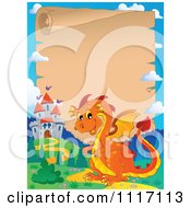 Poster, Art Print Of Fairy Tale Orange Dragon And Parchment Castle Frame