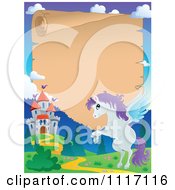 Vector Cartoon Winged Pegasus Horse And Castle Parchment Frame Royalty Free Clipart Graphic