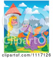 Vector Cartoon Of A Purple Guardian Dragon With A Princess In A Tower Royalty Free Clipart Graphic