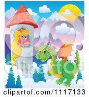 Poster, Art Print Of Green Guardian Dragon With A Princess In A Tower