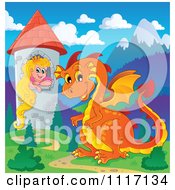 Poster, Art Print Of Orange Guardian Dragon With A Princess In A Tower
