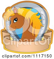 Poster, Art Print Of Cute Brown Horse With A Blond Mane Horseshoe And Banner