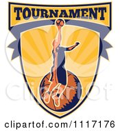Vector Clipart Retro Basketball Player Athlete On A Shield With TOURNAMENT Text Royalty Free Graphic Illustration