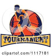 Poster, Art Print Of Retro Basketball Player Athlete Over A Ball And Banner With Tournament Text