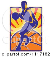 Poster, Art Print Of Retro Basketball Player Over Rays And A Ball