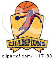 Poster, Art Print Of Retro Basketball Player Athlete Dribbling On A Shield With Champions Text